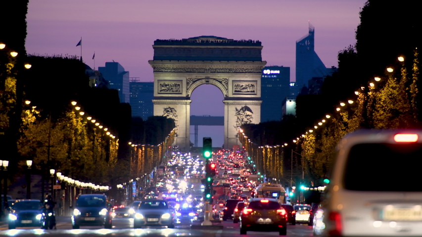 Arc de Triomphe in Paris city night view, France Royalty-Free Stock Footage #1053300593