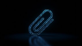 3d rendering seamless loop 4k rotation wireframe neon glowing symbol of paper clip as attachment with shining dots on black background with blured reflection on floor