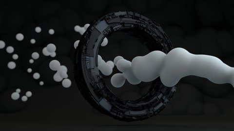 3D animation of a futuristic ring with white milk drops merging and passing on a dark background. Noise and pixelation on textures as a special effect. Seamless 4K animation.