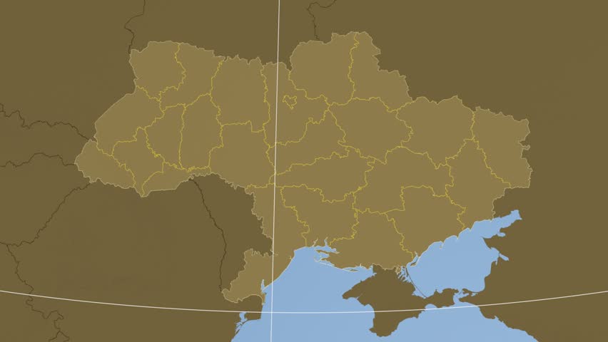 Kharkiv oblast extruded on the elevation map of Ukraine with administrative borders. Elevation data on solid colors used. Elements of this image furnished by NASA.