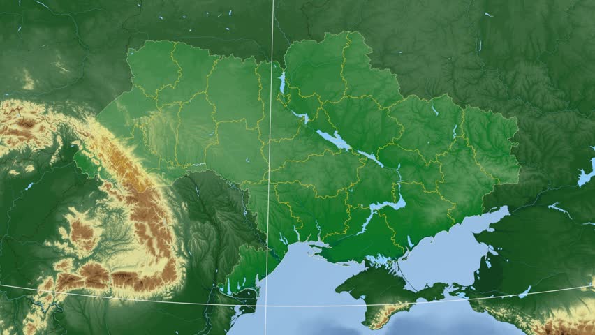 Kharkiv oblast extruded on the physical map of Ukraine. Rivers and lakes shapes added. Colored elevation data used. Elements of this image furnished by NASA.