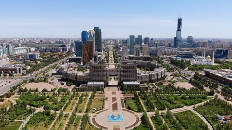 Incredible view of the city center of Nur Sultan, the capital of Kazakhstan. Shooting from a drone in Astana