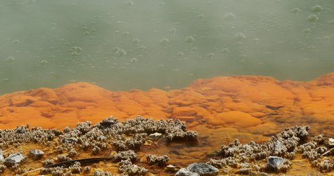 4K stationary hand held motion of close up of the bubbling hot water in the thermal lake called the Champagne Pool at Wai-O-Tapu Thermal Wonderland at Rotorua,North Island,New Zealand