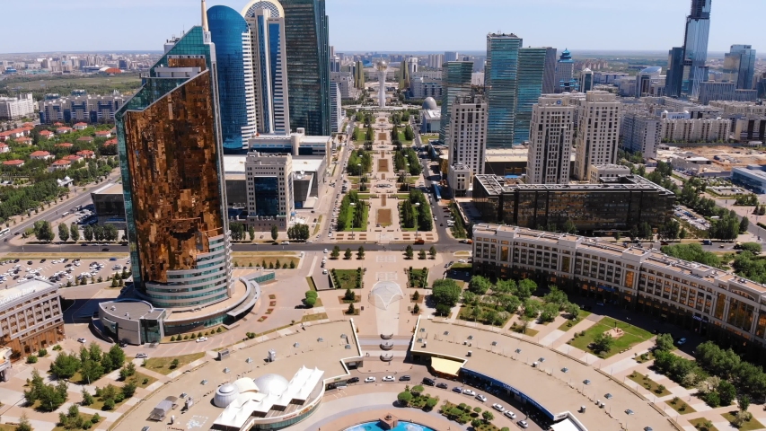 View of the city center of Nur Sultan, the capital of Kazakhstan. Shooting from a drone in Astana