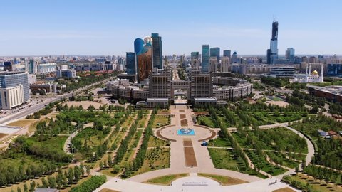 Incredible view of the center of Nur Sultan, the capital of Kazakhstan. Shooting 2020 from a drone in Astana
