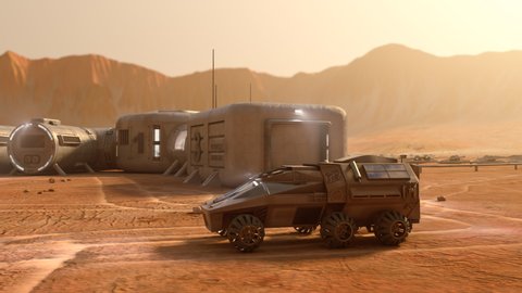 Flying around a small Martian base equipped with two rovers, day view. 4k animation
