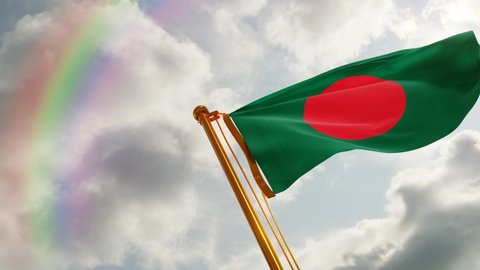 Flag of Bangladesh Waving in the wind, Cloudy and Rainbow Background, Slow Motion, Realistic Animation, 4K UHD 60 FPS Slow-Motion