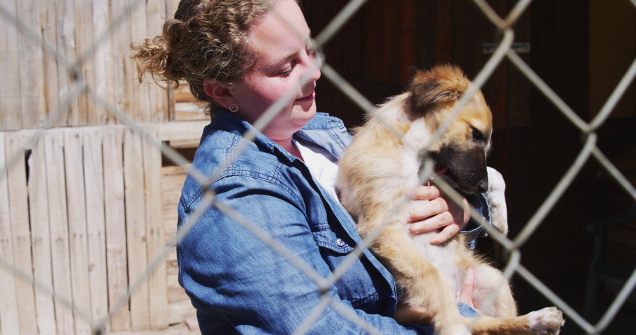 A Caucasian female volunteer at an animal shelter holding a rescued dog in her arms, on a sunny day in slow motion Royalty-Free Stock Footage #1053343838