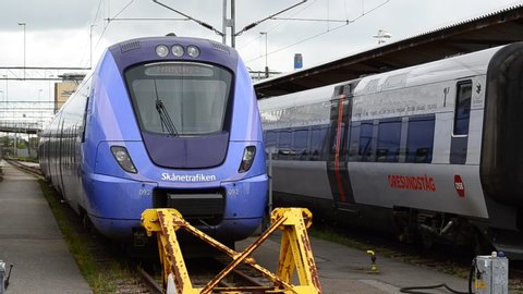 Helsingborg / Sweden - 05 26 2020: Trains on the platform in Helsingborg central station.