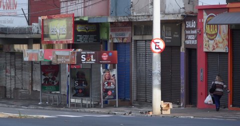 SAO PAULO, BRAZIL, circa May 2020: Shop store fronts closed due Coronavirus Pandemic lockdown, isolation, social distance, quarantine