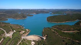 Aerial video shooting. Reservoir, dam bravura, drinking water supplies. Portugal, Algarve, Monchique.