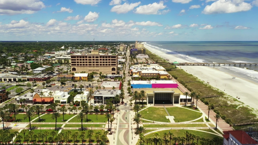Aerial footage tourist destination Jacksonville Beach FL