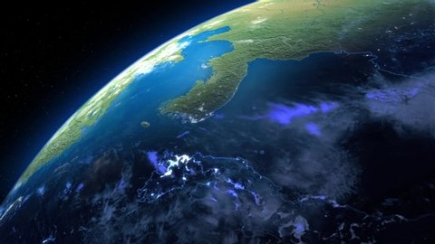South Korea and North Korea from space with moving clouds at day and night, for time zone.