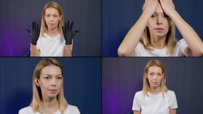 face fitness coach is demonstrating exercises for facial muscles, oral self-massage, collage