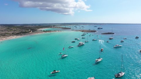 Aerial view of yachts in turquoise water near Formentera. Balearic Islands, Spain