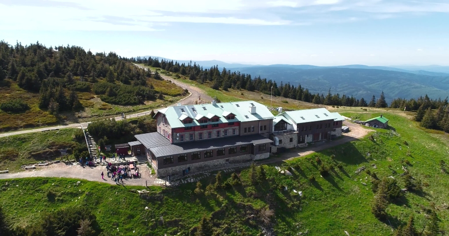 Aerial view of the top of mount Serak where is a tourist wooden cottage, Jeseniky, Hruby Jesenik, Czech Republic