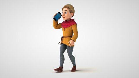 Fun 3D cartoon medieval character with a phone
