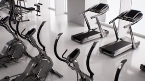 3d rendering, fitness room with equipment clip in 4K, fitness gym animation the treadmil, bike and ski machine.