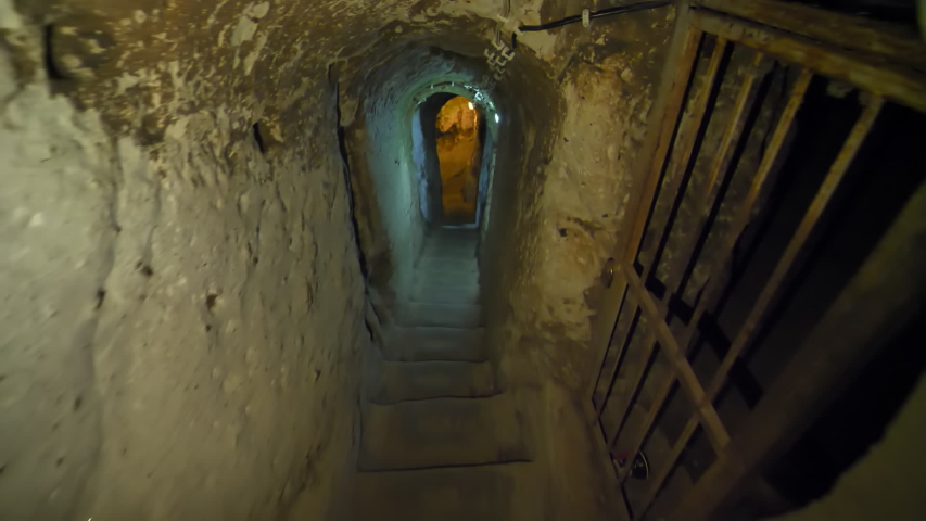 Staircase in the cave. Ancient Christian caves in Cappadocia. Turkey.