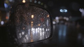 2 in 1 video the reflection of the rainy city in the right mirror of a car evening night time real time capture