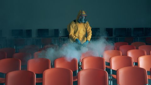 Cleaner kills coronavirus in a room with chairs.