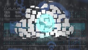 Animation of a cloud icon made of white squares appearing with clock ticking over data processing, showing statistics - Powered by Shutterstock - Get 15% off with code: PIKWIZARD15