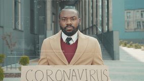 Future. Face Detection. Portrait of Fired Afro-American Businessman with Coronavirus Crisis Banner Being Scanned by 3D High Tech Biometric Facial Scanning Recognition. - Powered by Shutterstock - Get 15% off with code: PIKWIZARD15