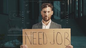 Face Detection. Biometric Technological Scanning of Unemployed Manager Face with Need Job Search Banner Outdoors. Fired Businessman Seeking for Job in Financial Crisis. Facial Recognition. - Powered by Shutterstock - Get 15% off with code: PIKWIZARD15