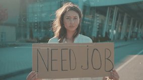 Face ID. Future. Facial Recognition. Biometric 3D High Tech Scanning of Face of Beautiful Serious Unemployed Woman Showing Need Job Banner Outside. Financial Crisis. Unemployment. - Powered by Shutterstock - Get 15% off with code: PIKWIZARD15