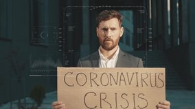 Future. Face ID. Technological Biometric Scanning Portrait of Fired Unhappy Businessman Face Holding Coronavirus Crisis Poster during Financial Crisis Pandemic Quarantine Outdoors. Facial Recognition. - Powered by Shutterstock - Get 15% off with code: PIKWIZARD15