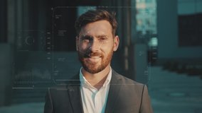 Face ID. Human Facial Recognition. Portrait Cheerful Bearded Businessman Taking Off Medical Mask Being Scanned by Biometric Technological Face Detection System for Coronavirus. - Powered by Shutterstock - Get 15% off with code: PIKWIZARD15