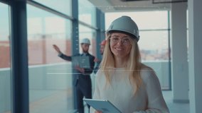 Future. Face ID. Portrait of Cheerful Beautiful Blonde Woman Engineer Architect Wearing Protective Helmet Using Tablet Being Scanned by Technological 3D Biometric Facial Recognition. - Powered by Shutterstock - Get 15% off with code: PIKWIZARD15