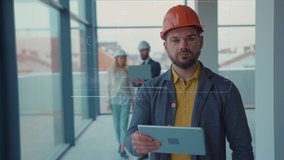 Face ID. Futuristic Technological 3D Scanning of Face of Bearded Caucasian Engineer with Tablet Hard Hat Safety Wear Working at Construction Site. Facial Recognition. Personal Security. - Powered by Shutterstock - Get 15% off with code: PIKWIZARD15