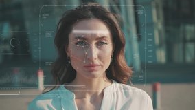 Future. Face ID. End of Quarantine. Portrait Beautiful Caucasian Woman Removing Medical Mask Being Scanned for Coronavirus and Facial Recognition by Technological Biometric Face Detection. Pandemic - Powered by Shutterstock - Get 15% off with code: PIKWIZARD15
