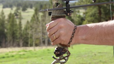 Close up of the hand and arrow rest of a man shooting an arrow from a compound bow. Trees and grass in the background.