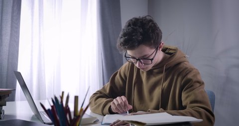 Portrait of clever college student comparing information in workbook and online. Smart nerd Caucasian boy studying distantly. Wireless education, lifestyle, e-learning. Cinema 4k ProRes HQ.