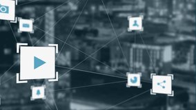 Animation of a web of connections with white social icons over a cityscape. Global technology and identity concept digital composite - Powered by Shutterstock - Get 15% off with code: PIKWIZARD15