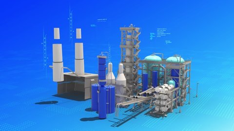 An assembled model of a factory building, a bird's eye view on a blue background. Screensaver for technological and industrial themes. 3D