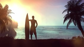 Silhouette of a surfer on a tropical beach. 3d render