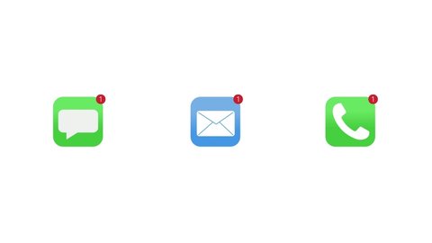 Close up Animation icon. Incoming Phone Calls, Unread Emails, and Messages. Phone, eMail, and Messages Icons and Increasing Notification Counters on Flat design
