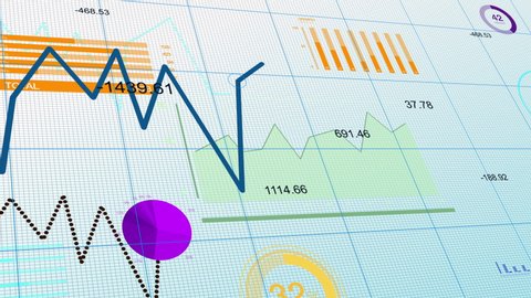 Financial business diagram with charts and stock numbers showing profits and losses over time dynamically, a finance 4K 3D animation