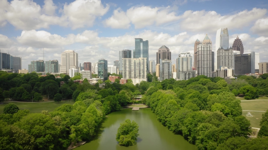 Midtown Atlanta Georgia Aerial Pushing In Over Lake in Piedmont Park