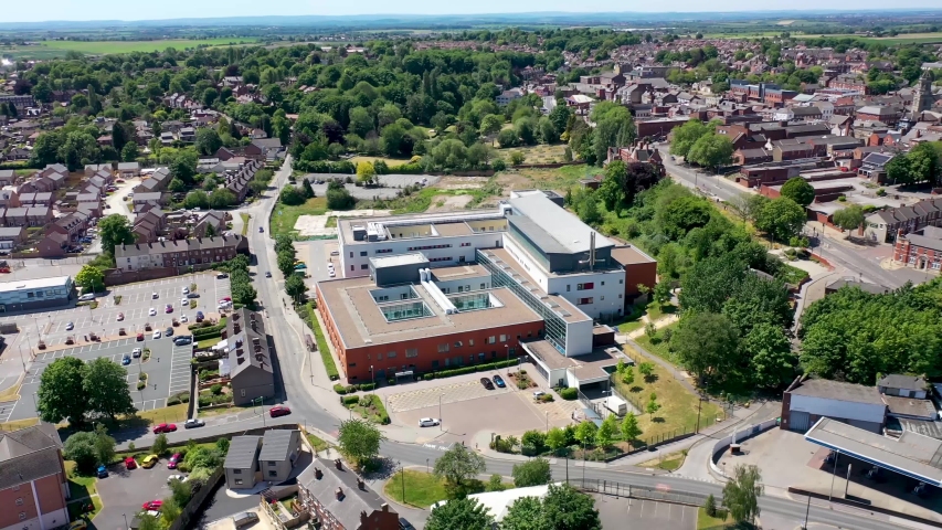Pontefract UK 25th May 2020: Aerial footage of the Pontefract Hospital located in the village of Pontefract in Wakefield, West Yorkshire in the UK on a sunny summers day showing the Hospital & grounds