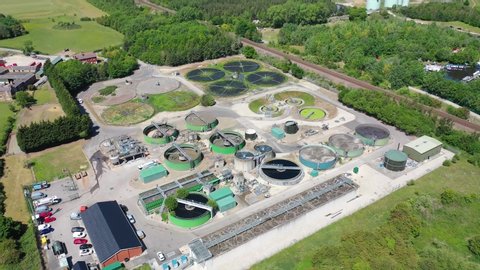 Methley UK 27 May 2020: Aerial footage of purification tanks of modern wastewater treatment plant, the waste water and sewage treatment plant is located in the town of Methley Leeds in West Yorkshire