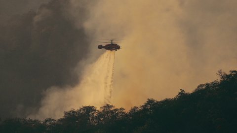 KA-32 Fire fighting helicopter dropping water on forest fire