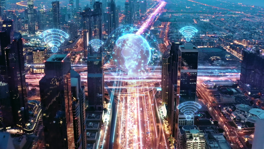 Urban Junction Overpass Aerial Drone Flight During Rush Hour Night Traffic Futuristic Technology World Of Tomorrow 5g Network Drone Low Light 4k | Shutterstock HD Video #1053416147