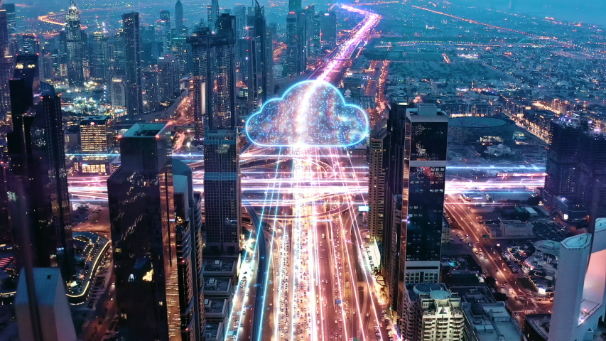 Panoramic Skyline Of Metropolitan City Information Flow During Night Big Data World Of Tomorrow 5g Network Drone Low Light 4k | Shutterstock HD Video #1053416162