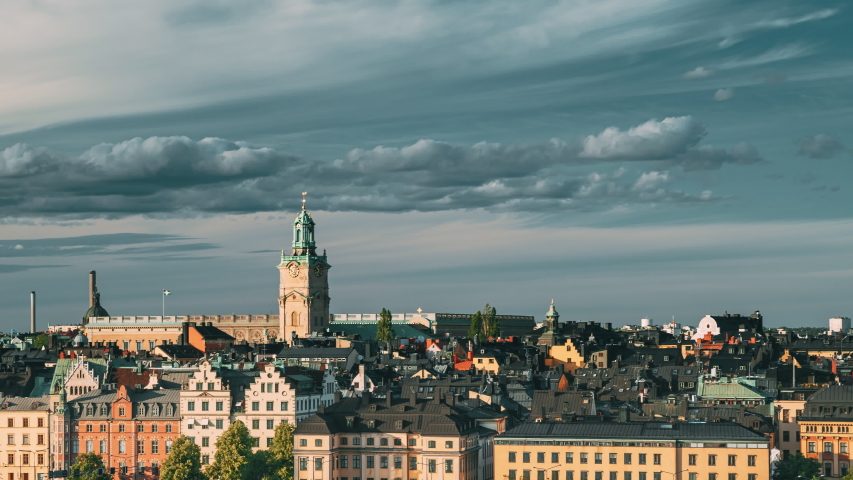 Stockholm, Sweden. Scenic Skyline View Of Old Town With Tower Of Storkyrkan - The Great Church Or Church Of St. Nicholas. Stockholm Cathedral Is The Oldest Church In Gamla Stan, The Old Town.