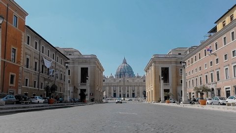 Slomo dolly over Via della Conciliazione in an empty Vatican City in Rome during quarantine for Covid19 lockdown
