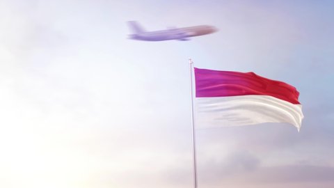 Monaco Flag With Airplane At Background With Different Angle Of Movement  -3D rendering 